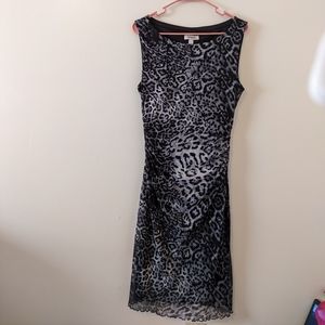 Dressbarn Grey Cheetah Print Evening Classic Ruched Sleeveless Dress